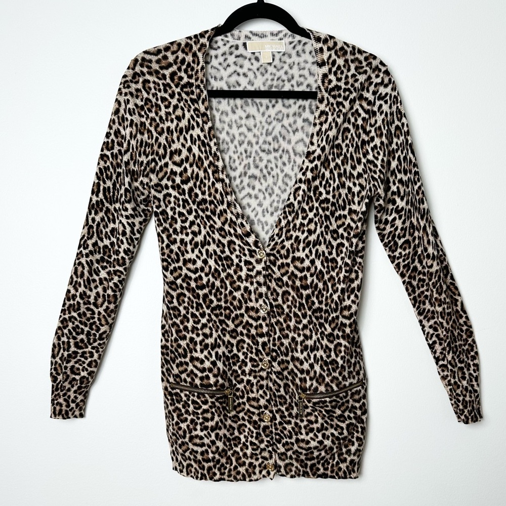 Michael Kors Contemporary Maximalist Leopard Print Button Up V-Neck Cardigan